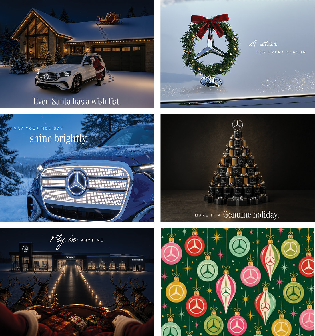 All six Mercedes-Benz 2026 holiday card designs: a GLE at a winter lodge with Santa, a wreath around the Mercedes-Benz star, a snow-covered grille, an ornament tree of gift boxes, a dealership at night with Santa's sleigh, and a repeating pattern of Mercedes-Benz ornaments.
